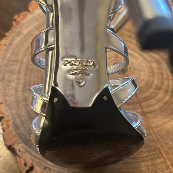 Strappy, shiny silver Prada heels. - Picture 5 of 5